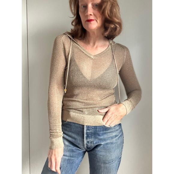 Michael Michael Kors Mesh Sheer Gold Hoodie Sweater Knit Size XS - Picture 4 of 12